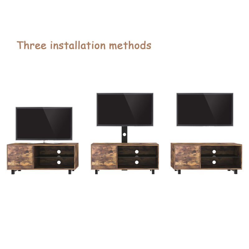 Rustic Brown TV Console With Push-To-Open Storage Cabinet For TV Up To 65In Wood & Glass