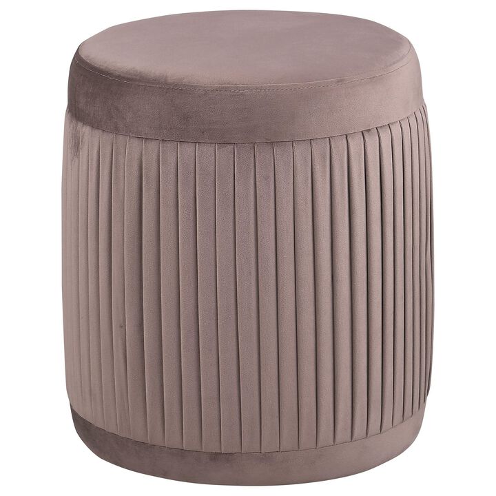 Tiana Ottoman, Mauve Fabric Pleated Design, Round 18 Inch, Wood Frame - Benzara