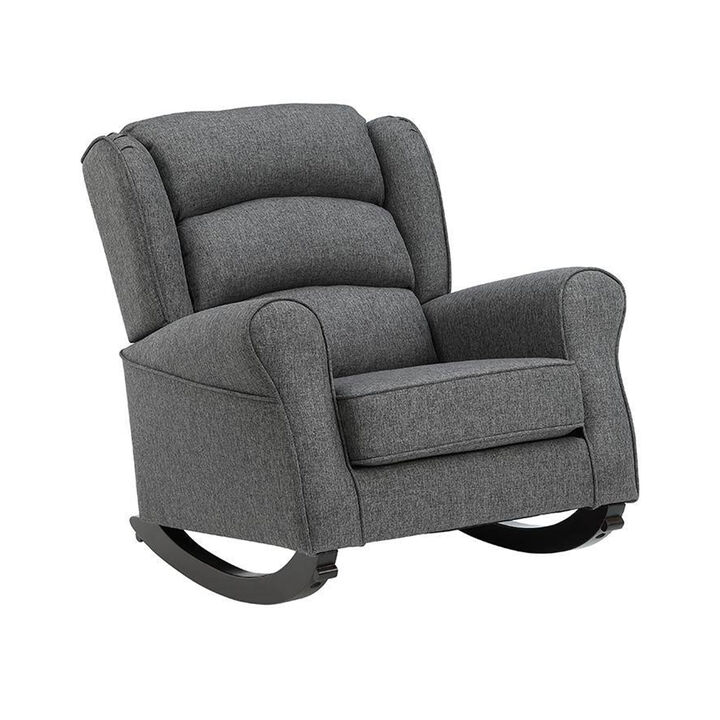 34 Inch Rocking Chair, Wood Frame, Channel Tufted Gray Fabric Upholstery - Benzara