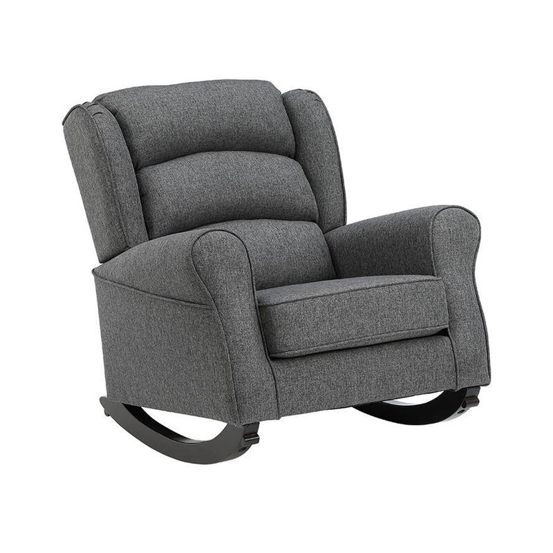 34 Inch Rocking Chair, Wood Frame, Channel Tufted Gray Fabric Upholstery - Benzara