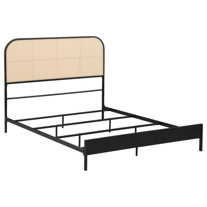 Ammy Full Bed, Radio Weave Headboard, Brown Faux Rattan, Black Metal  - Benzara