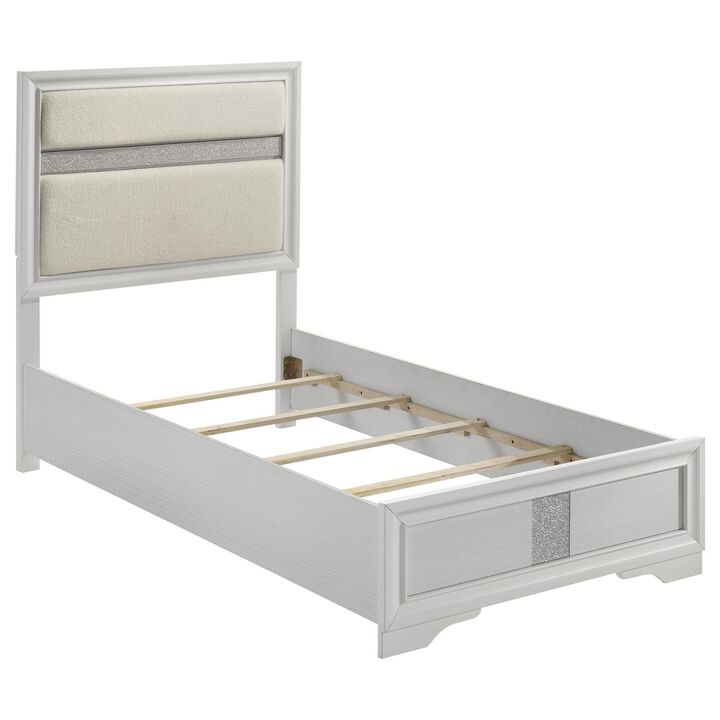 Vino Twin Size Bed, Panel Headboard, White Upholstery, Glitter Stripes - Benzara