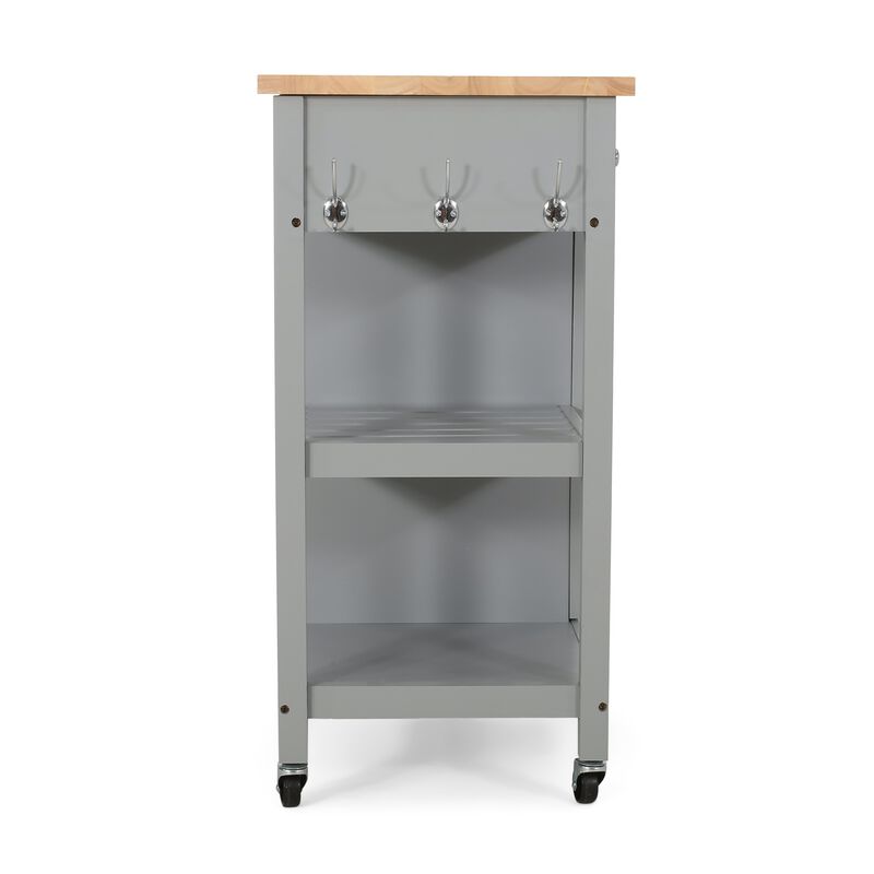 Rolling Kitchen Island Bar Cart, 1 Glass Door, Gray n Natural Brown - Benzara