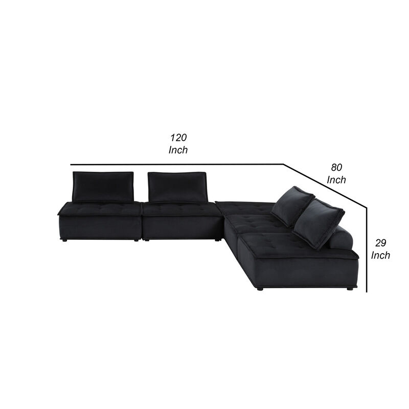 Alaya 5pc Foam Modular Sectional Sofa with Ottoman, Black Velvet Upholstery-Benzara