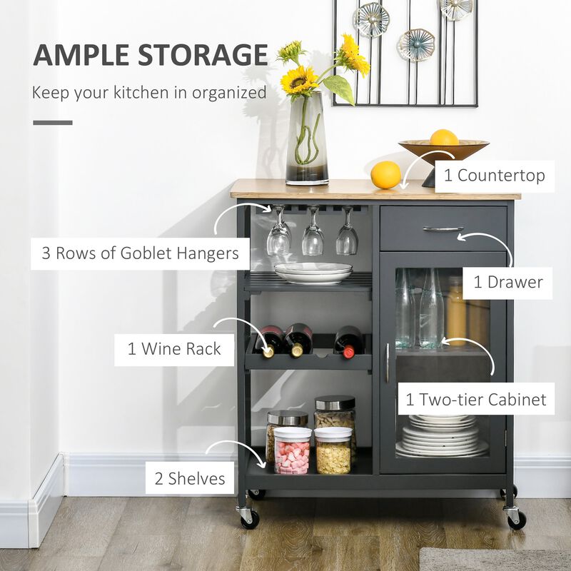 Gray Kitchen Helper: Rolling Island Cart with Wine Rack & Cabinet