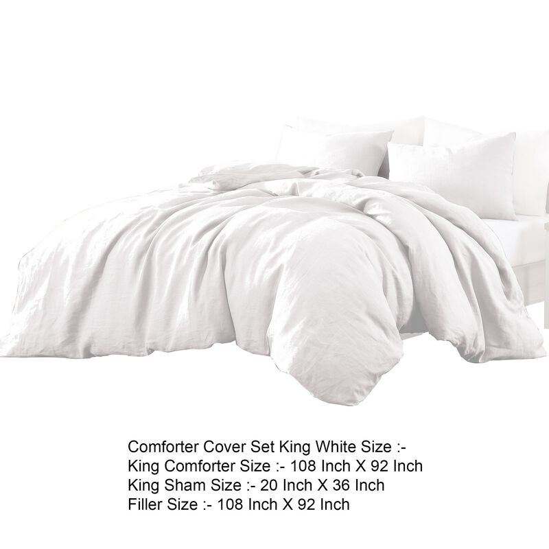 Edge 4 Piece King Size Duvet Comforter Set, Washed Linen, Clean White - Benzara