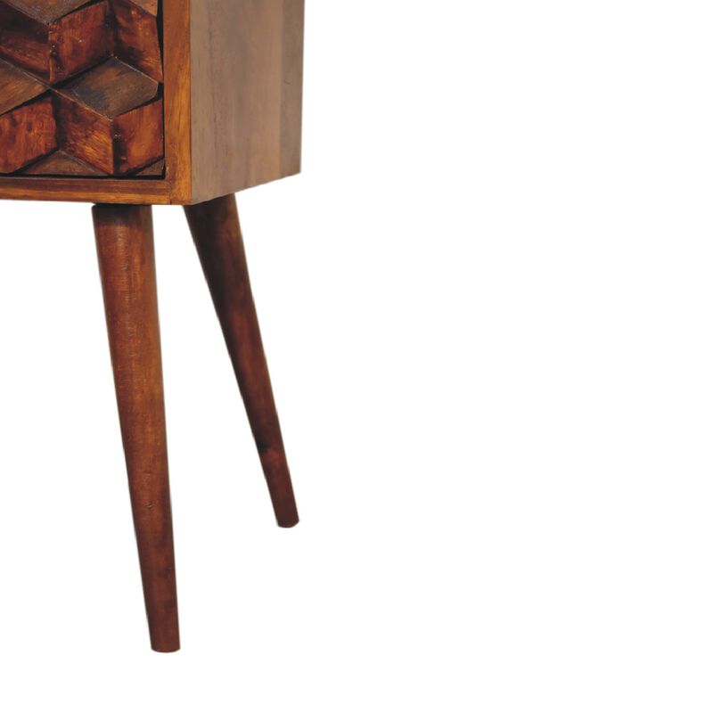 Mini Chestnut Cube Carved 2 Drawer Solid Wood Nightstand
