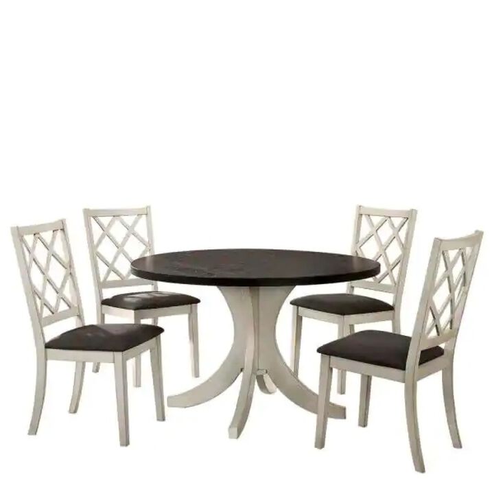 Solid Wood Antique White Chairs, Grey Cushion