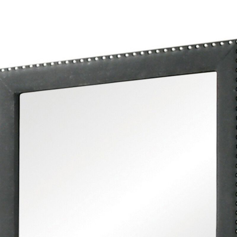 Cale 40 Inch Modern Portrait Mirror, Velvet Upholstery, Nailhead Trim, Gray-Benzara