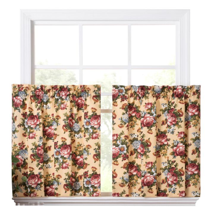 Ellis Bella Rose Stylish Medium Scale Printed Floral Pattern 1.5" Rod Pocket Tier for Windows 56"x24" Butter