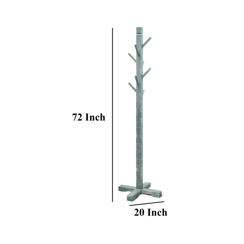 Rena Coat, Hat Rack Stand, 8 Wood Stems, 72 Inch Rustic Green Mahogany - Benzara