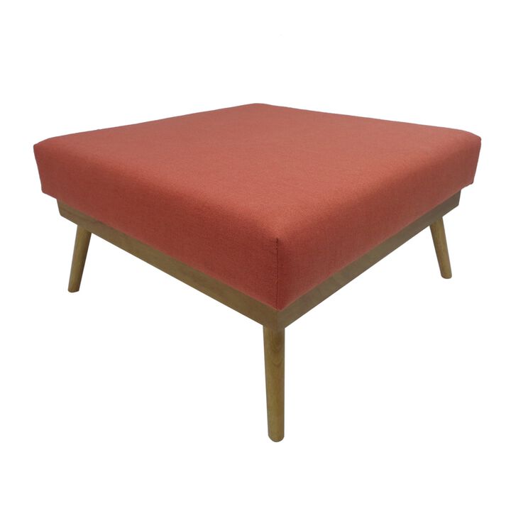 Square Ottoman with Splayed Rubberwood Legs, 33 Inch Coral Polyester - Benzara