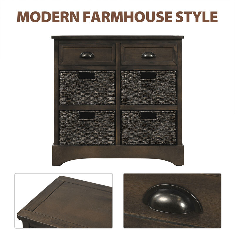 Rustic Storage Cabinet With Two Drawers And Four Classic Rattan Basket