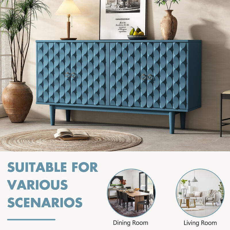 Clihome Modern 4-door Sideboard with Convex Pattern Doors and 2 Silver Handle for Living Room, Dining Room, Kitchen (Navy)