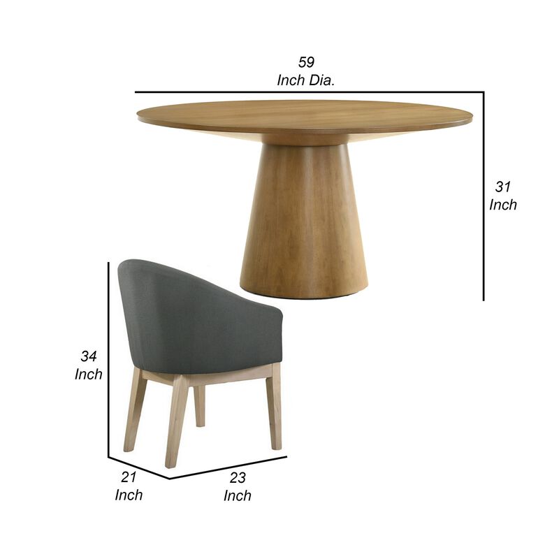 Yuvi 3 Piece Dining Table and Chair Set, Round, Barrel Seat, Brown, Gray - Benzara