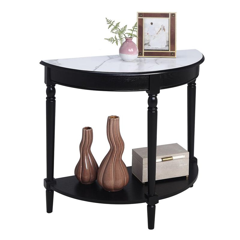 Convenience Concepts French Country Half-Round Entryway Table with Shelf, White Faux Marble/Black
