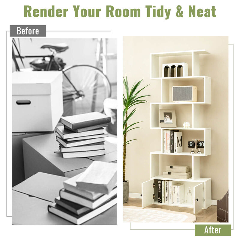 6-Tier S-Shaped Freestanding Bookshelf with Cabinet and Doors