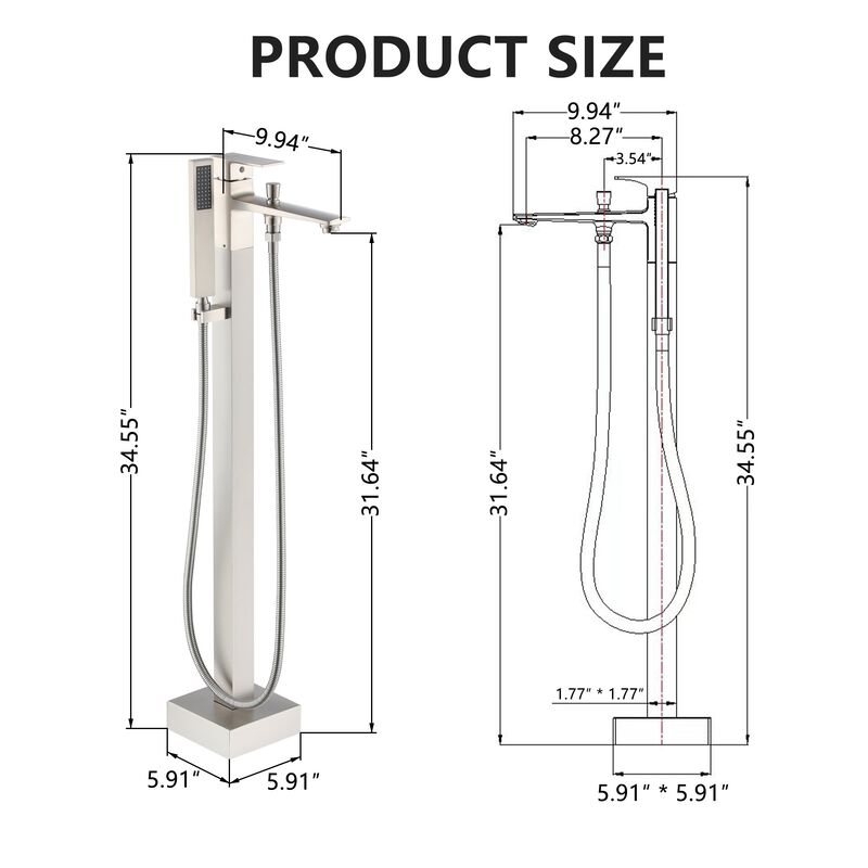 Mondawe One-Handle Brushed Nickel Floor Mount Freestanding Tub Faucet with Handheld Shower