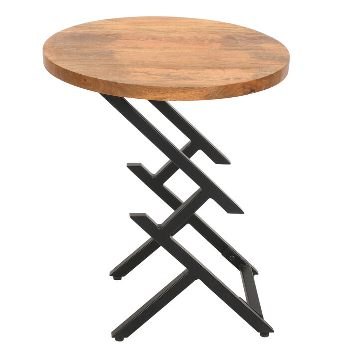 23 Inch Side End Table, Natural Brown Round Wood Top, Modern Black Angled Iron Legs - Benzara