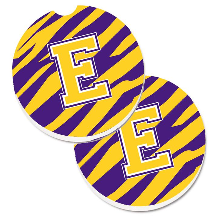 Caroline's Treasures Letter E Monogram - Tiger Stripe - Purple Gold Set of 2 Cup Holder Car Coasters CJ1022-ECARC, 2.56, Multicolor
