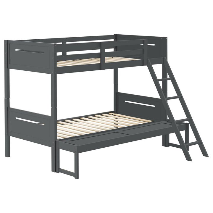 Amey Twin over Full Bunk Bed, Guard Rails, Attached Ladder, Gray Wood - Benzara Amey Twin over Full Bunk Bed, Guard Rails, Attached Ladder, Gray Wood - Benzara