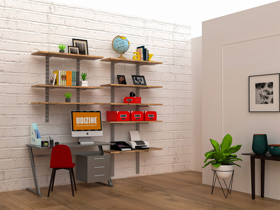 Stylish Home Office System 91" & 46" High 5 Tier with Wood Shelves 10"-12" Width | 2 Sections- Shelves Sold Separately