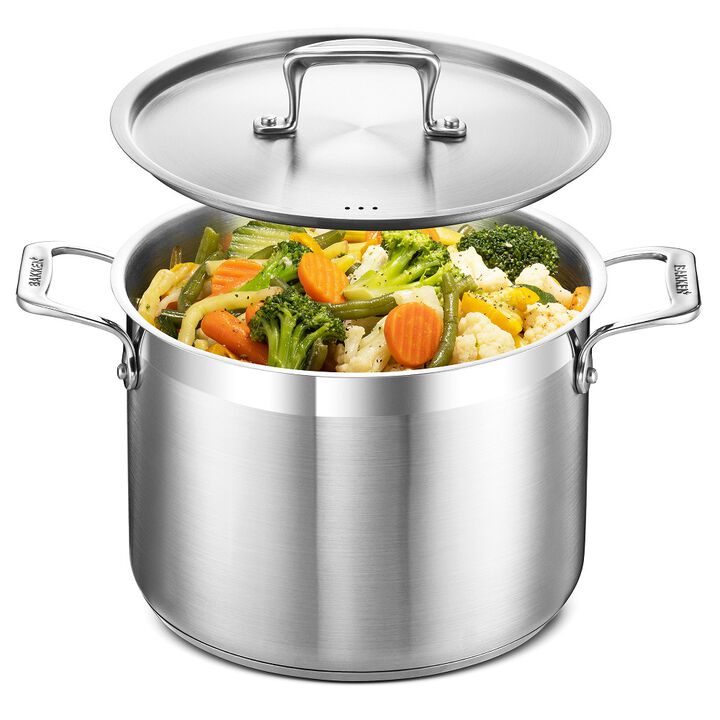 Stockpot - Brushed Stainless Steel – Heavy Duty Induction Pot with Lid and Riveted Handles – For Soup, Seafood, Stock, Canning and for Catering for Large Groups and Events by BAKKEN