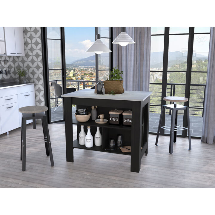 Streamdale Rockaway 3-Shelf Kitchen Island Black And Ibiza Marble