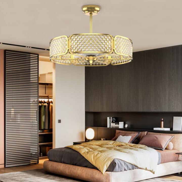 Hivvago 30 Inch Caged Ceiling Fan With Light Crystal Lampshade 6 Light Bases