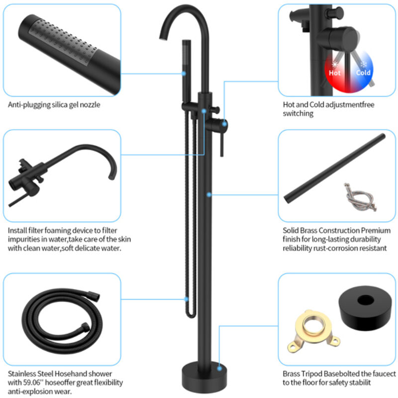 Floor Mount Bathtub Faucet, Single Handle Freestanding Tub Filler with Hand Shower, 6 GPM