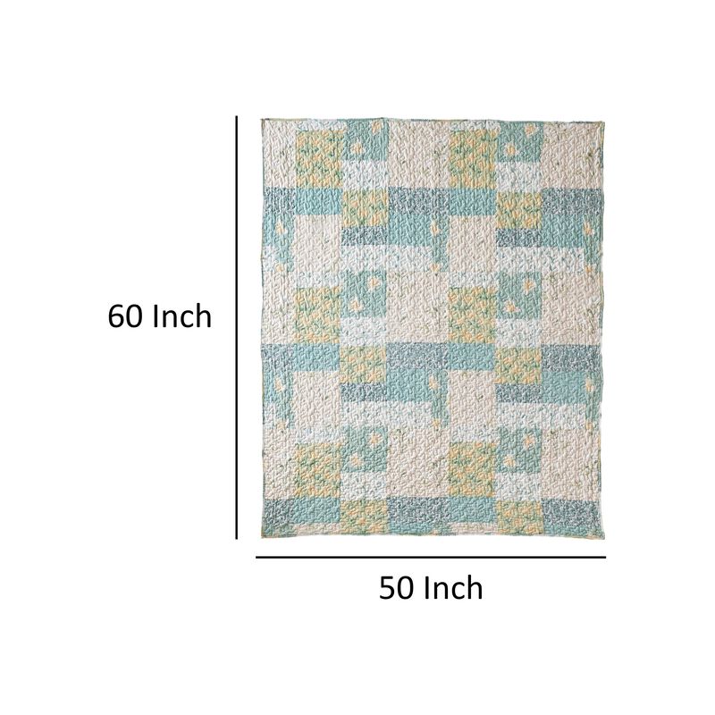 Evane Quilted Throw Blanket with Floral Design, Mist Blue and White Cotton