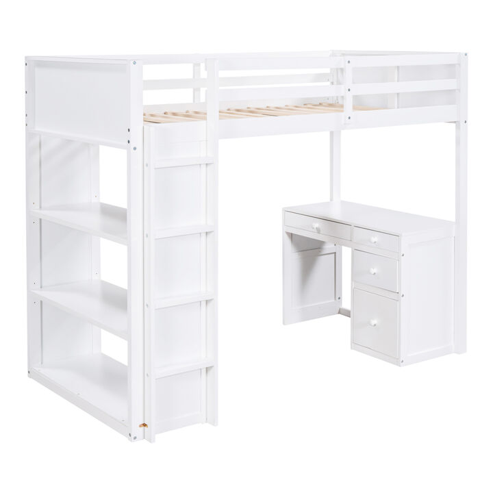 Twin Size Loft Bed With Ladder, Shelves, And Desk