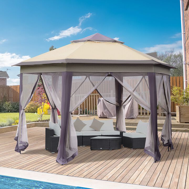 Hexagonal Event Tent: Pop Up Gazebo with 6 Zippered Mesh Netting, Steel Frame, 13.3' x 13.3'