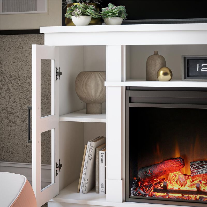 Elmcroft Wide TV Console with Electric Fireplace Insert for 75" TVs, White