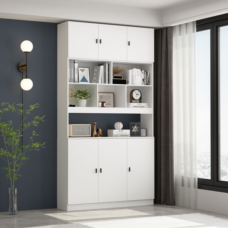 FUFU&GAGA Modern White Storage Shelf with Adjustable Shelves, P2 MDF, Glass Doors (47.2" W x 87.8" H x 12.2" D), White
