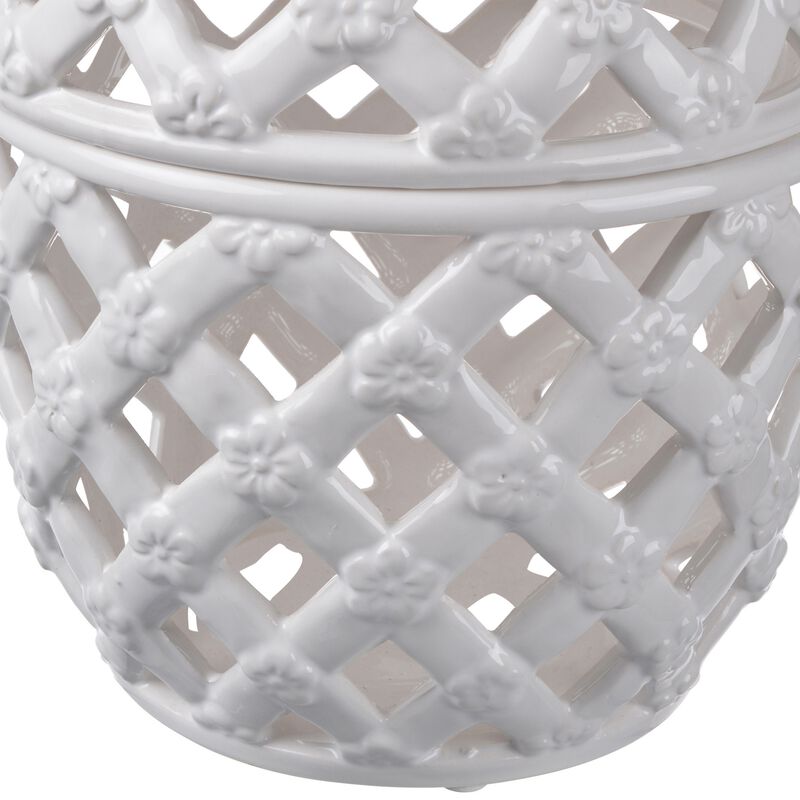 Decorative Ceramic Lidded Jar with Cut Out Texture, Large, White - Benzara