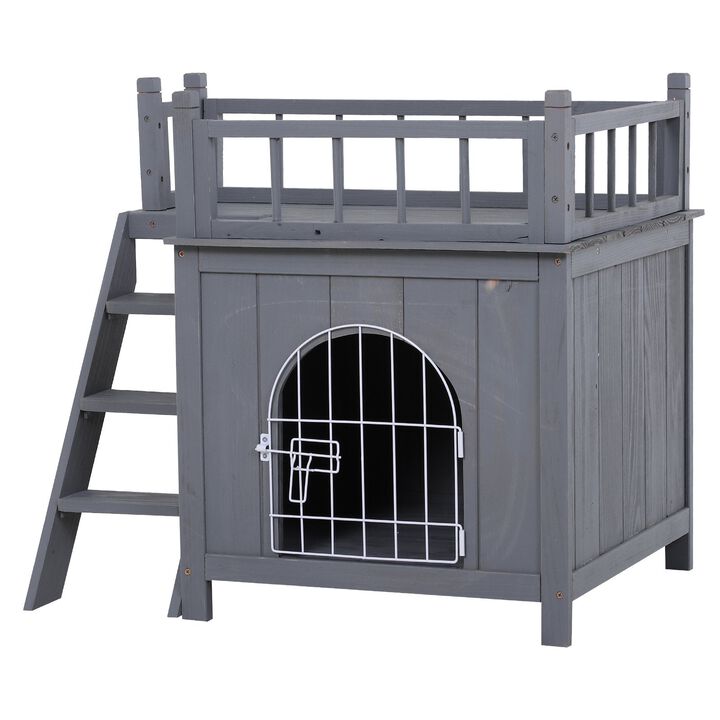 Grey Cat Castle: 2-Level Wooden Outdoor Shelter with Balcony
