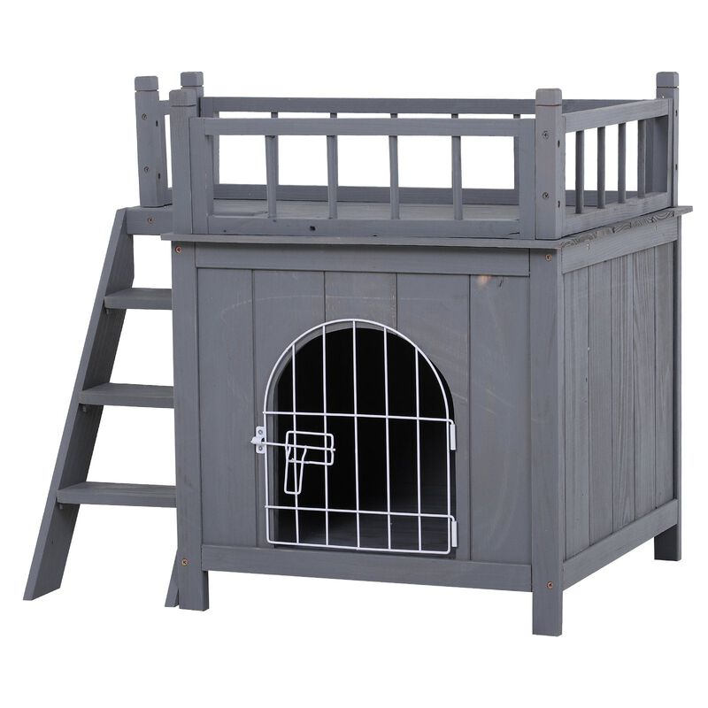 Grey Cat Castle: 2-Level Wooden Outdoor Shelter with Balcony