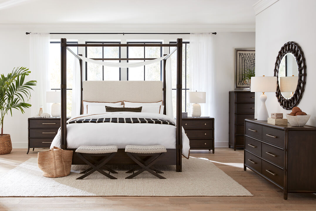 Retreat Pole Rattan King Upholstered Poster Bed with Canopy