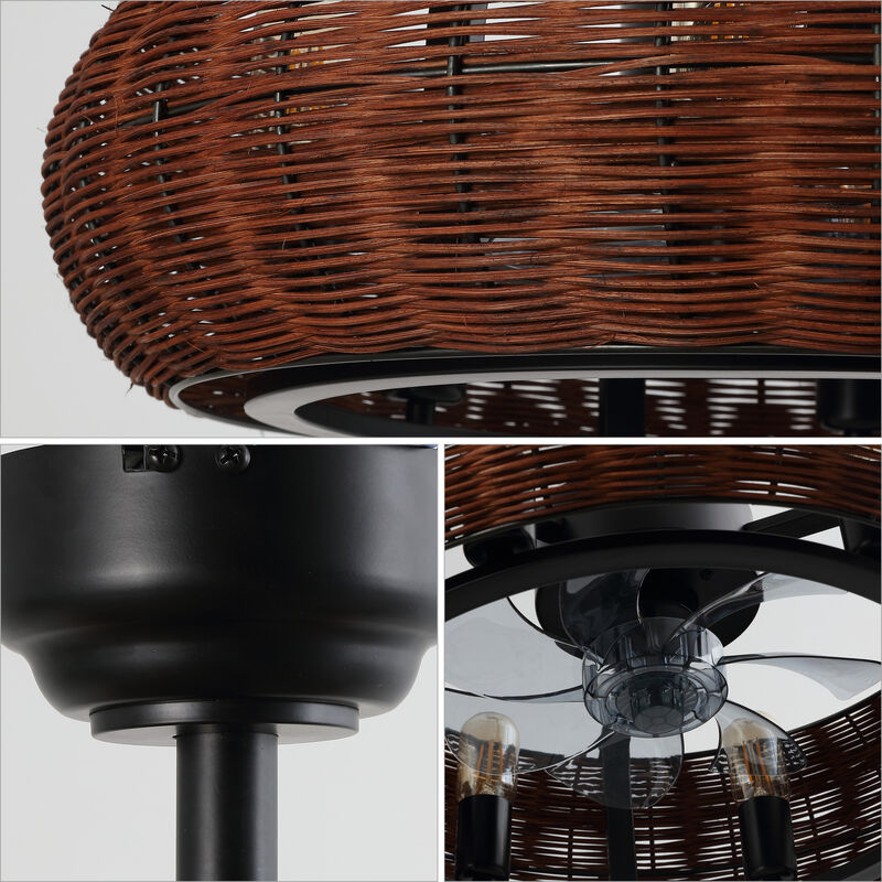 Cassidy 6-Light Modern Bohemian 6-Speed Metal Rattan Mobile-App Remote-Controlled Height-Adjustable Lantern LED Ceiling Fan