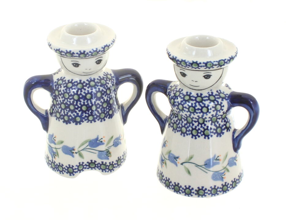 Blue Rose Polish Pottery Sunflower Lady & Man Candlestick Holders