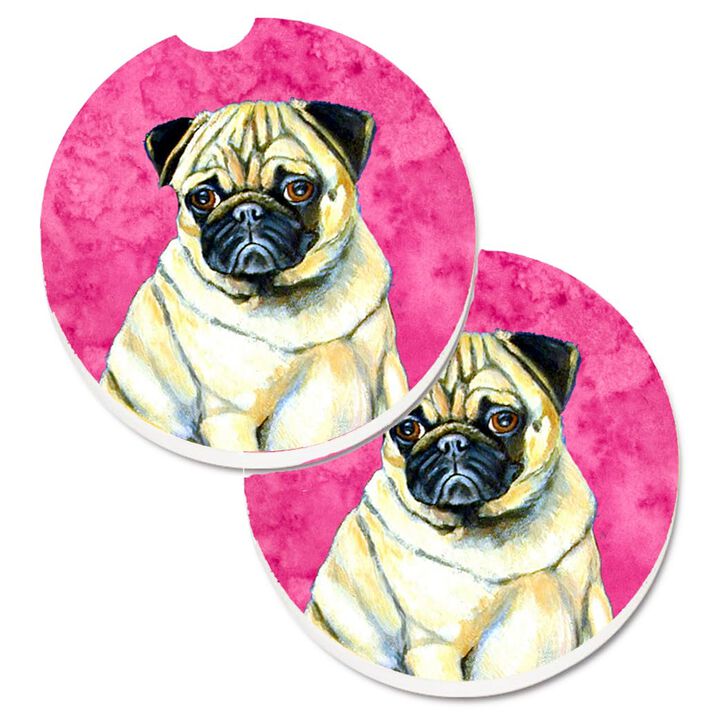 Caroline's Treasures Pink Pug Set of 2 Cup Holder Car Coasters LH9387PKCARC, 2.56, Multicolor