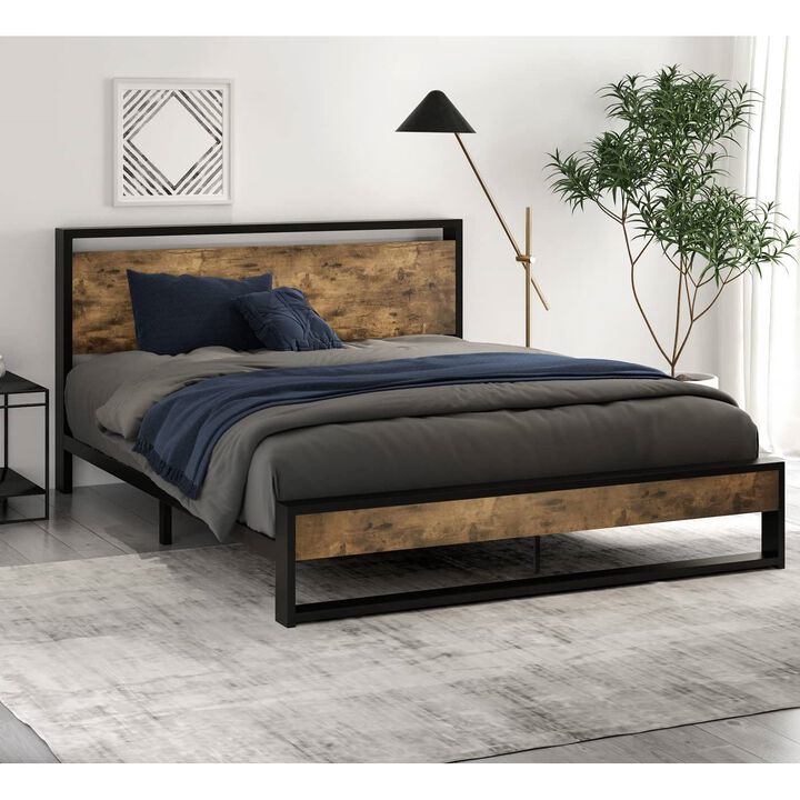 QuikFurn Full size Metal Wood Platform Bed Frame with Industrial Headboard