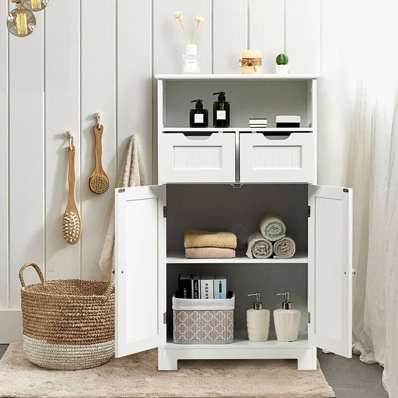 Costway Bathroom Floor Cabinet Wooden Storage Organizer Side Cabinet W/2 Drawer 2 Doors