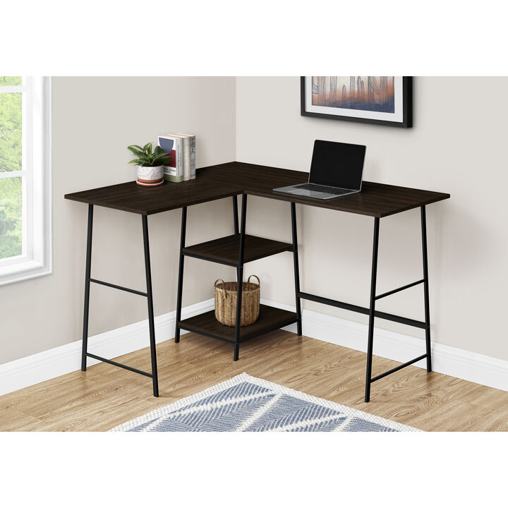 Monarch Specialties I 7590 Computer Desk, Home Office, Corner, Storage Shelves, 48"L, L Shape, Work, Laptop, Metal, Laminate, Brown, Black, Contemporary, Modern