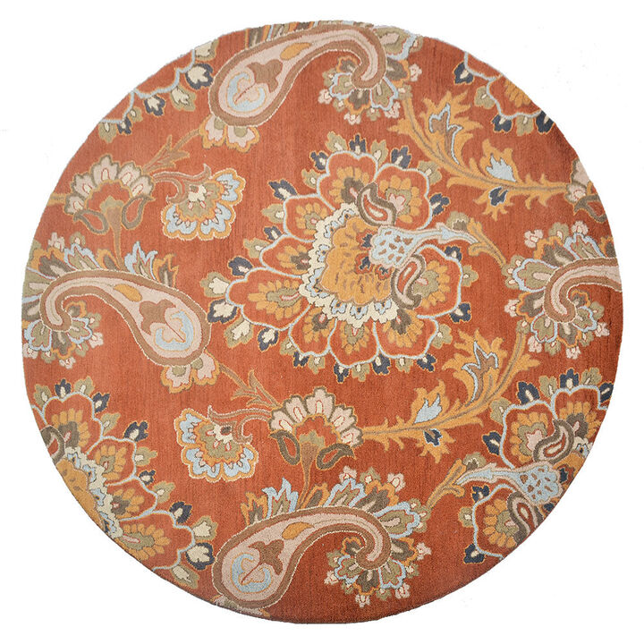 RUGSOTIC CARPETS HAND TUFTED WOOL ECO-FRIENDLY AREA RUGS  - 8'x8', Round Shape, Orange, Floral Modern Design, High Pile Thick Handmade Anti Skid Area Rugs for Living Room, Bed Room (K00151)