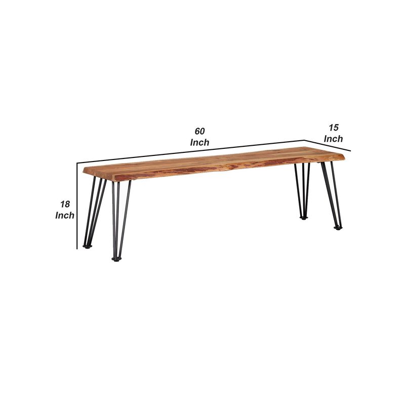 Wooden Dining Bench with Live Edge Details and Metal Legs, Brown-Benzara