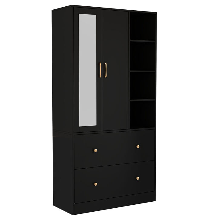 Black Wood 35.5 in. W Armoires Wardrobe With Mirror, Pulling Hanging Rod, Drawers, Shelves 15.8 in. D x 70.8 in. H