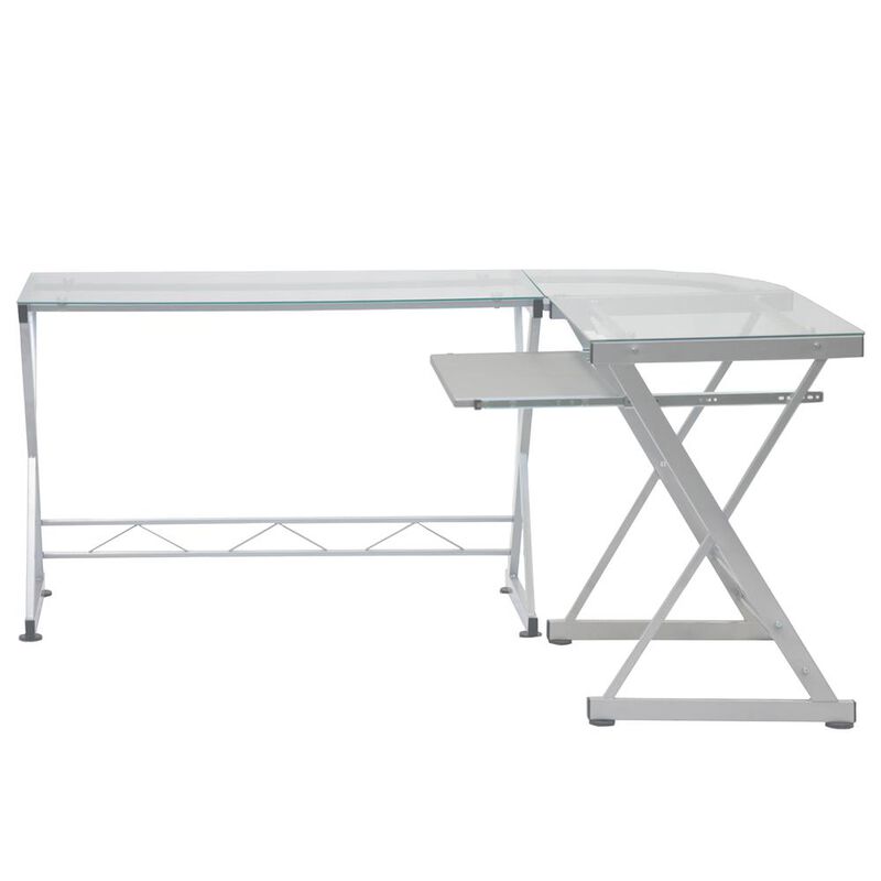 Techni Mobili L-Shaped Tempered Glass Top Computer Desk With Pull Out Keybaord Panel. Color: Clear