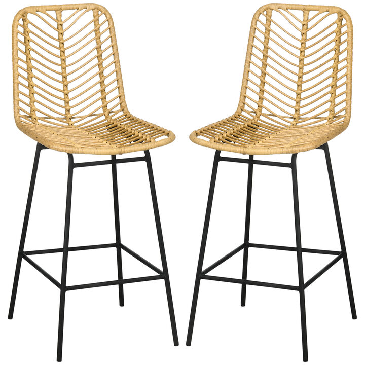 HOMCOM Modern Rattan Bar Stools, Breathable Steel-Base Wicker Counter Height Barstools for Kitchen Counter, Set of 2, Yellow